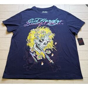 Ed Hardy NWT T Shirt Mens XL Blue Skull Beautiful Ghost Tattoo Y2K Cotton‎ Blend